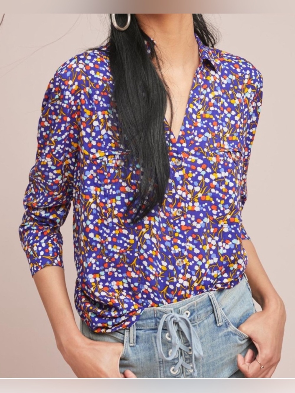 Conversations by Anthropologie Blue Flower Colloquial Button Down Shirt Size 2